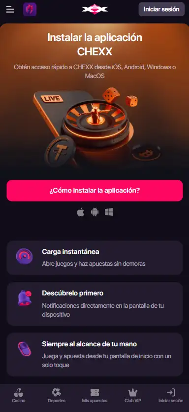 Interfaz móvil de CHEXX con la opción Install