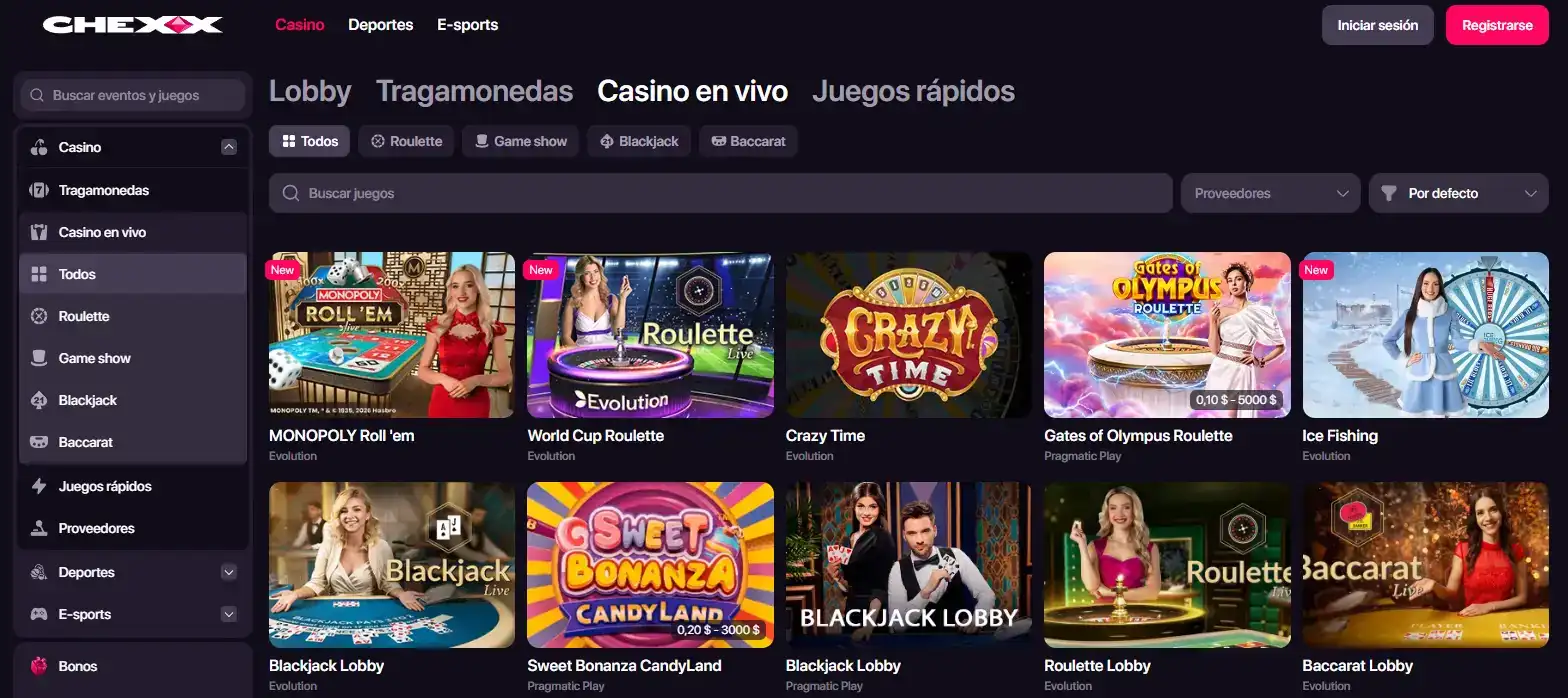 Sección de casino en vivo de CHEXX