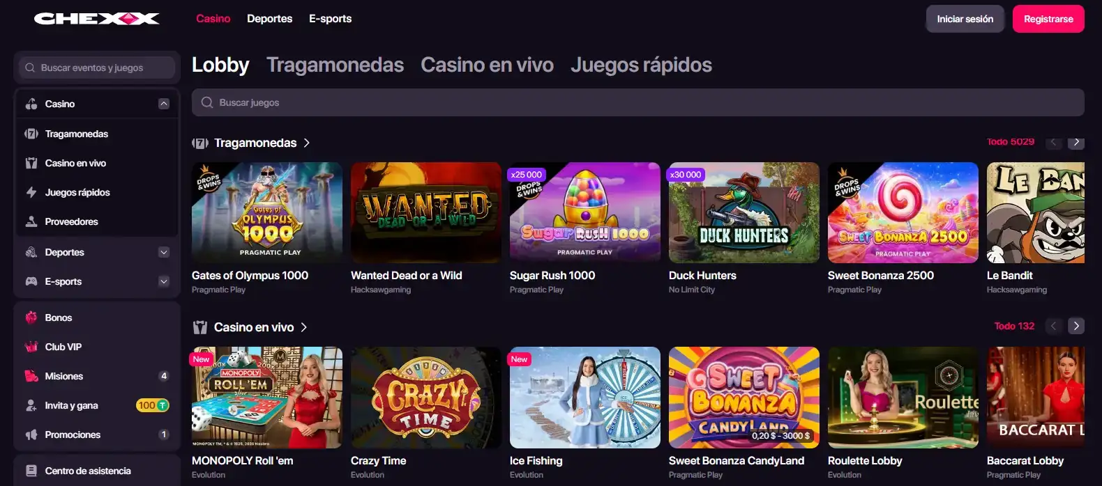 Navegación del catálogo de casino de CHEXX