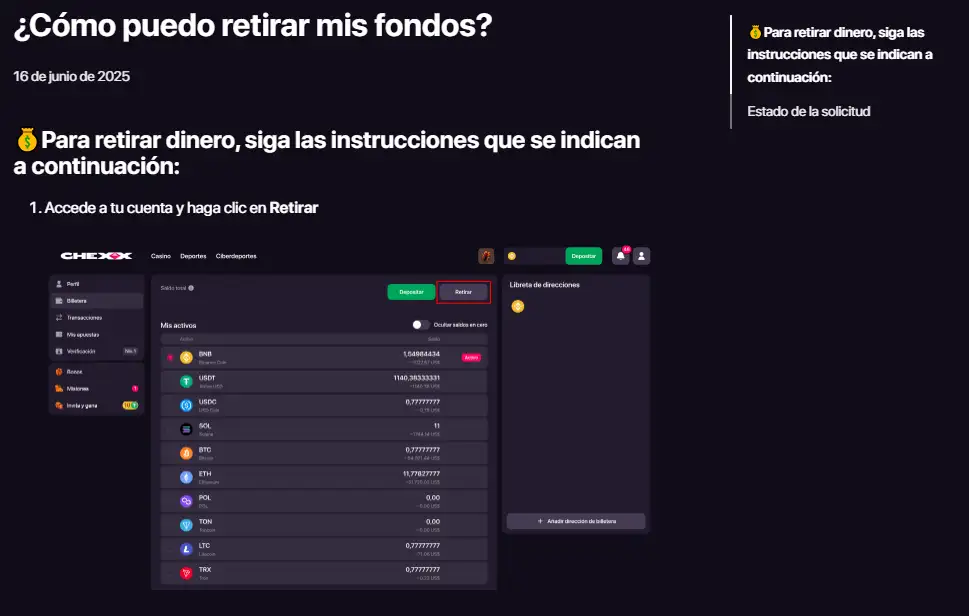 Artículo oficial de CHEXX sobre cómo retirar fondos