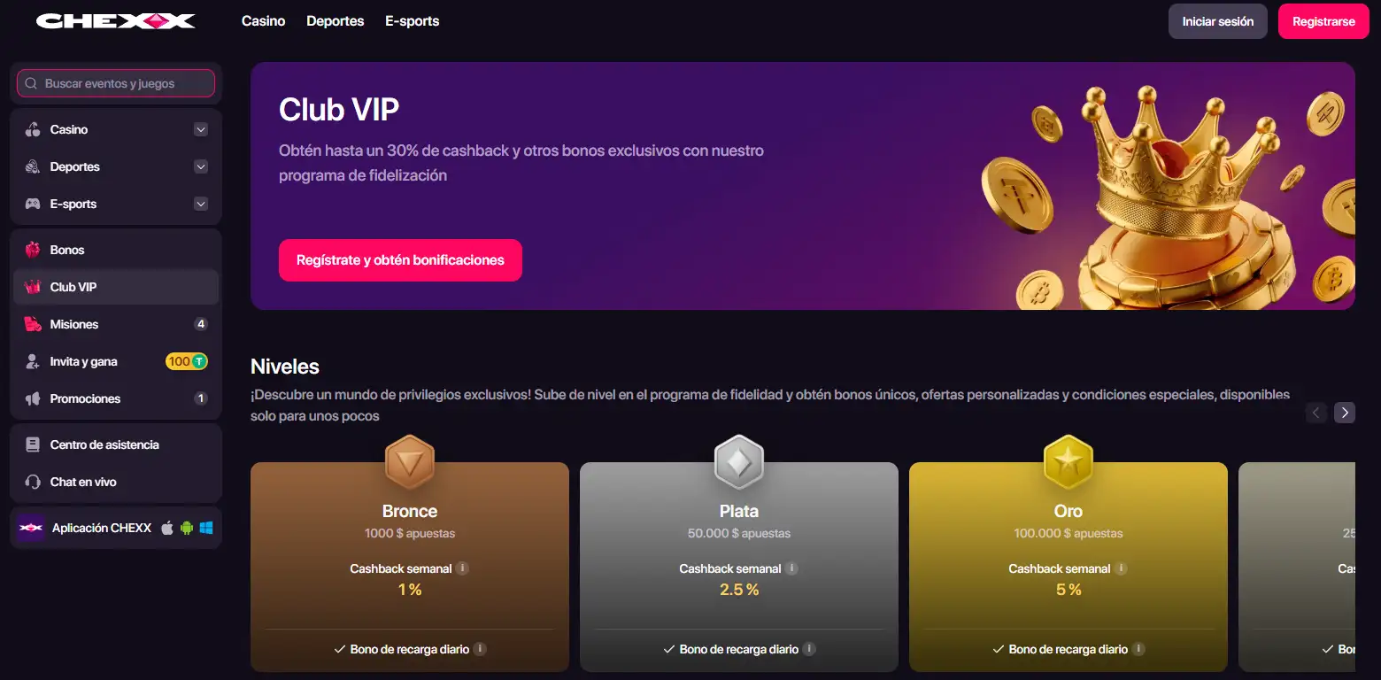 Página VIP de CHEXX con sus niveles de cashback