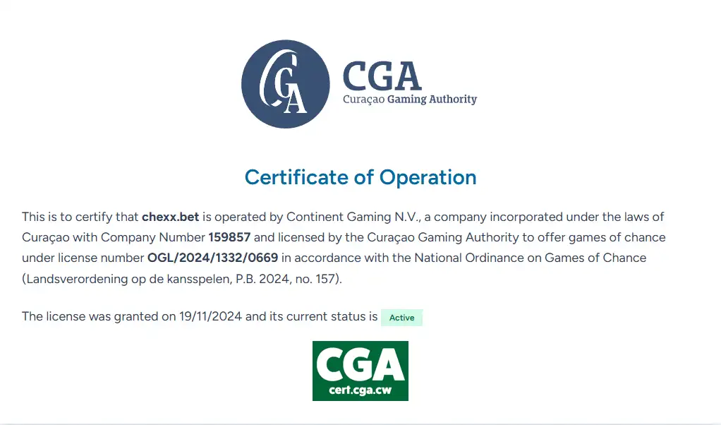 Certificado actual de la Curaçao Gaming Authority para chexx.bet