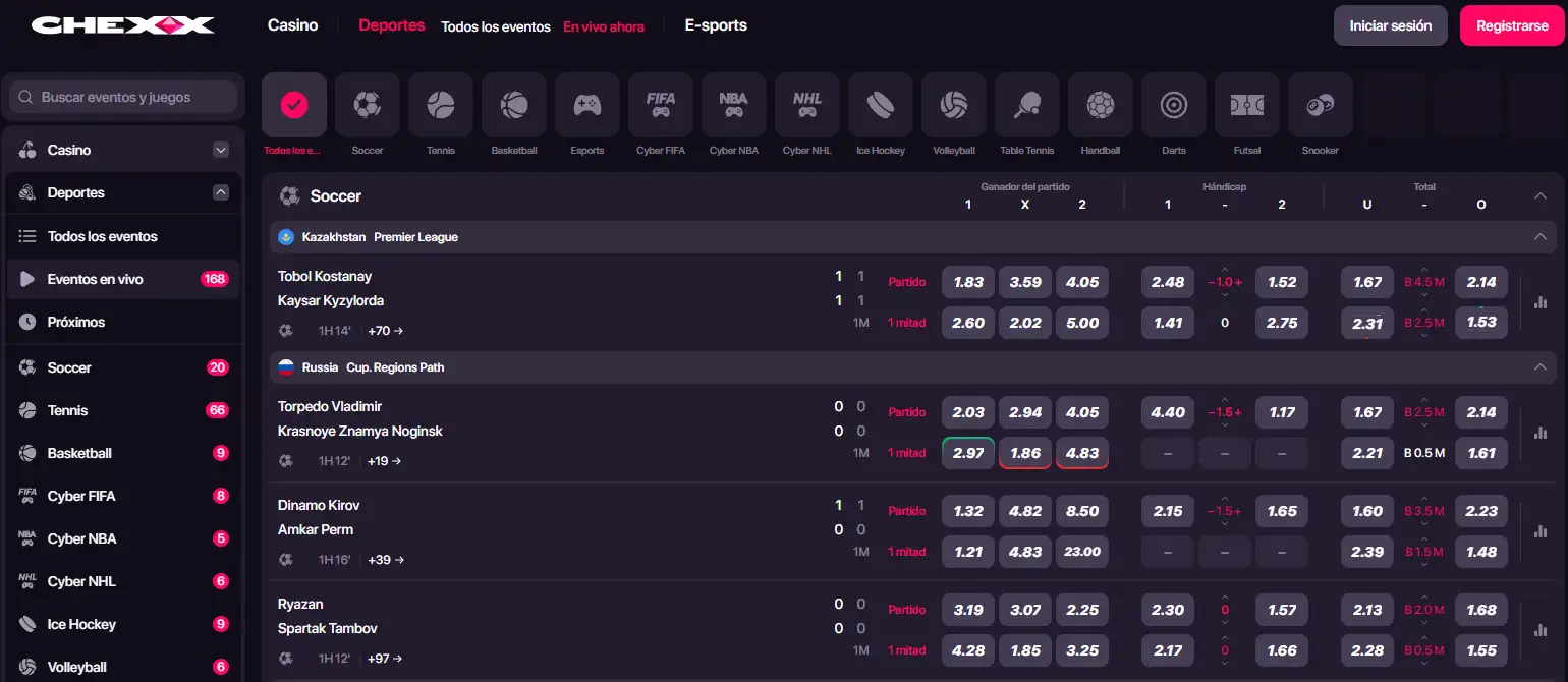 Interfaz actual del sportsbook de CHEXX