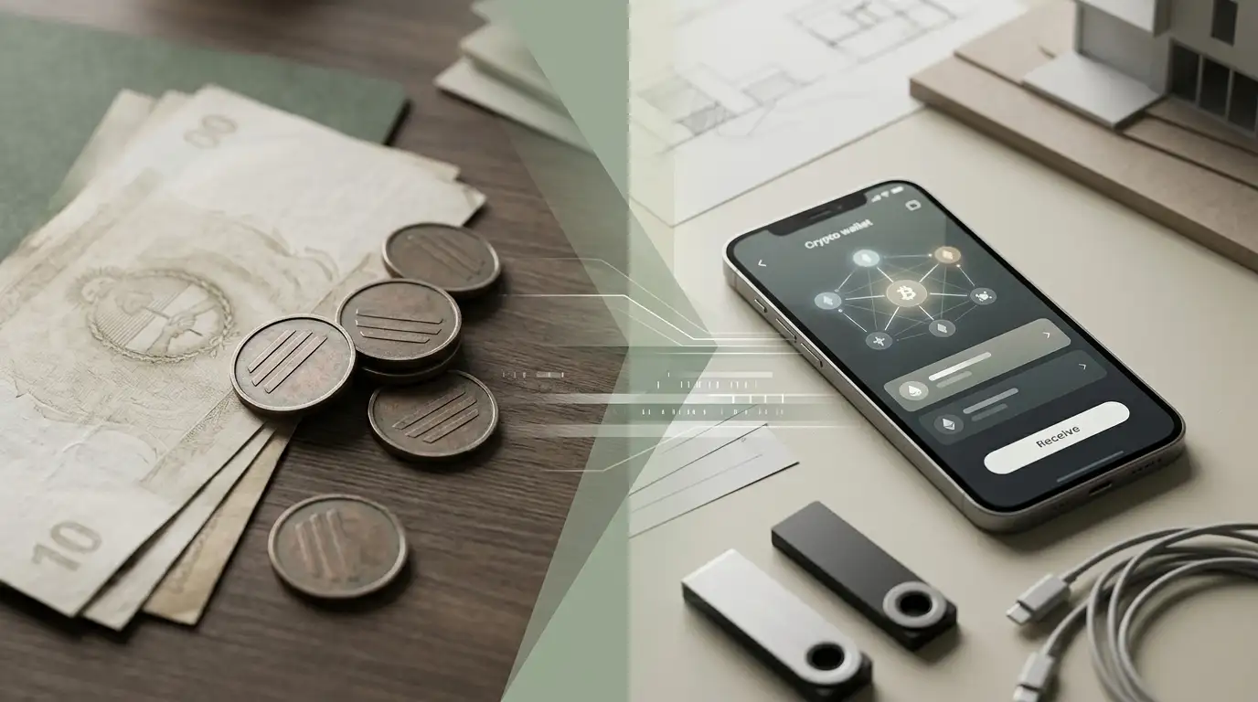 Ilustración conceptual de pesos argentinos y flujo hacia activos cripto sin marcas ni importes